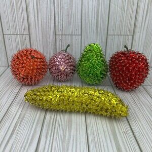 Vintage MCM Push Pin Sequined Beaded Faux Fruit Kitschy Apple Pear Banana Plum